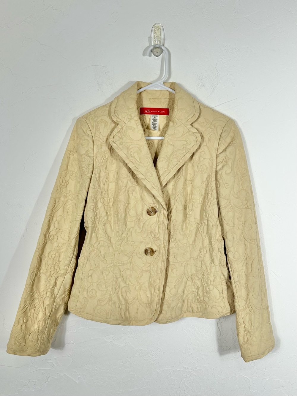 AK Anne Klein Beige Yellow Textured Brocade Swirl Blazer Jacket Stretch Size 8P